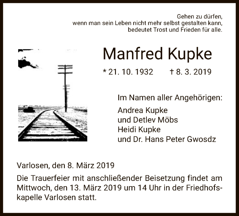  Traueranzeige für Manfred Kupke vom 09.03.2019 aus HNA