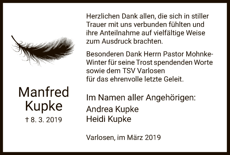  Traueranzeige für Manfred Kupke vom 30.03.2019 aus HNA