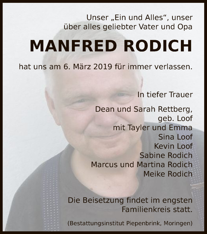  Traueranzeige für Manfred Rodich vom 14.03.2019 aus HNA