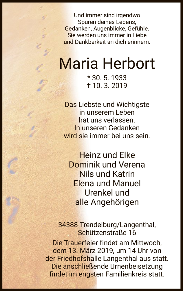  Traueranzeige für Maria Herbort vom 12.03.2019 aus HNA