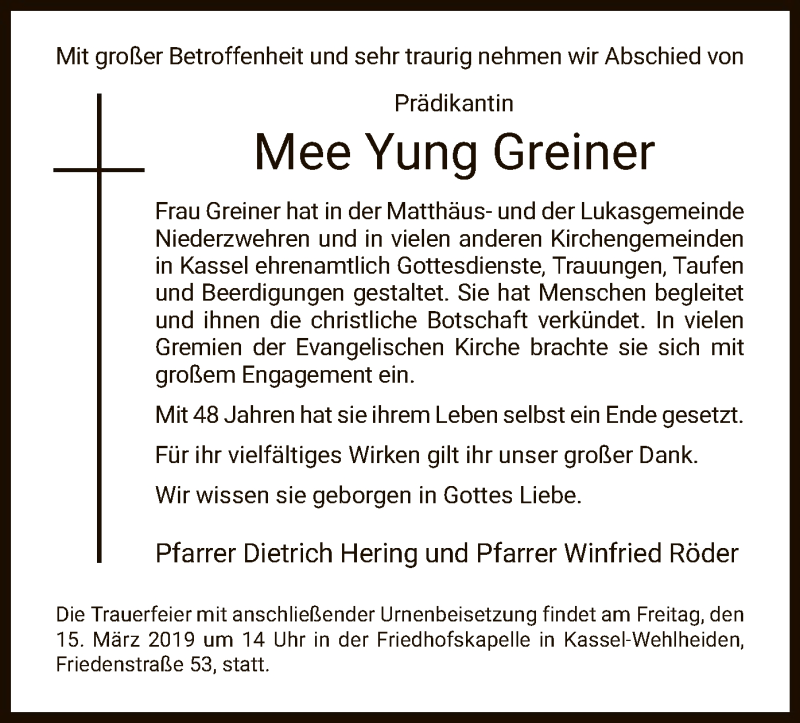  Traueranzeige für Mee Yung Greiner vom 09.03.2019 aus HNA