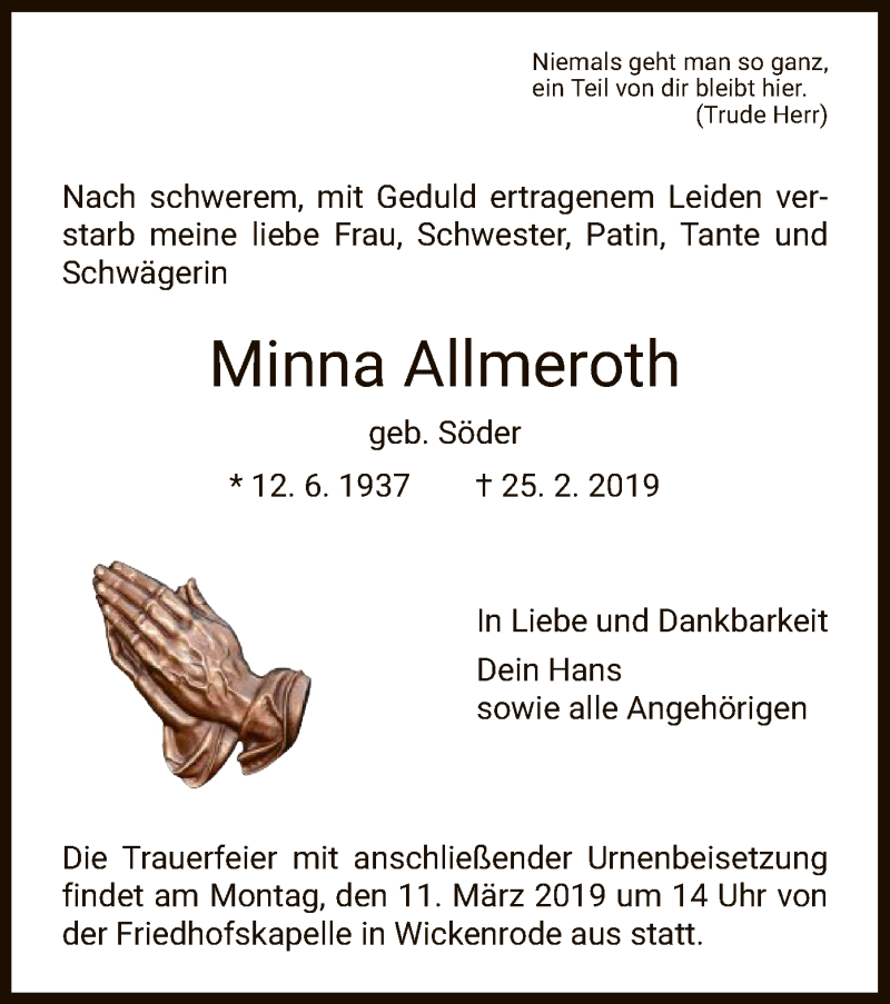  Traueranzeige für Minna Allmeroth vom 02.03.2019 aus HNA