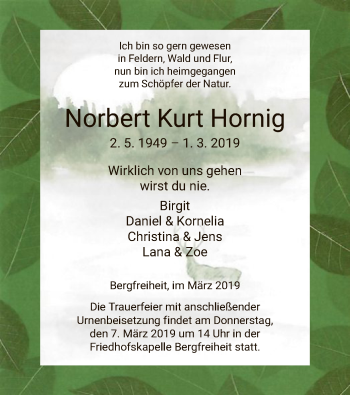 Traueranzeige von Norbert Kurt Hornig von HNA