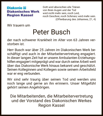 Traueranzeige von Peter Busch von HNA