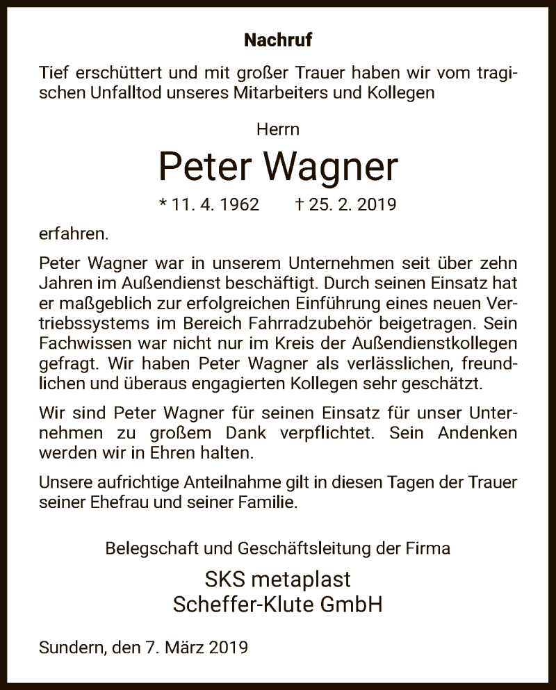  Traueranzeige für Peter Wagner vom 07.03.2019 aus HNA