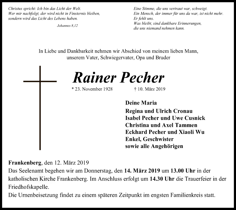  Traueranzeige für Rainer Pecher vom 12.03.2019 aus HNA