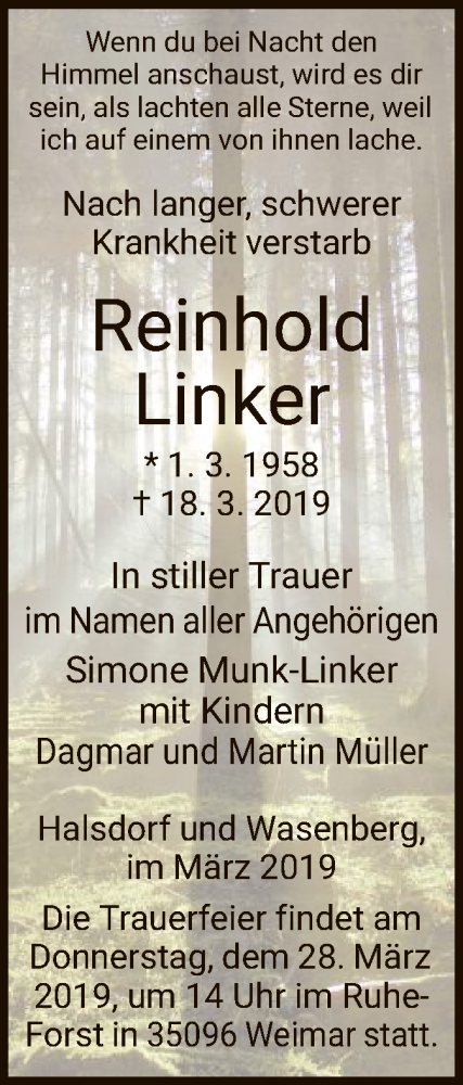  Traueranzeige für Reinhold Linker vom 25.03.2019 aus HNA