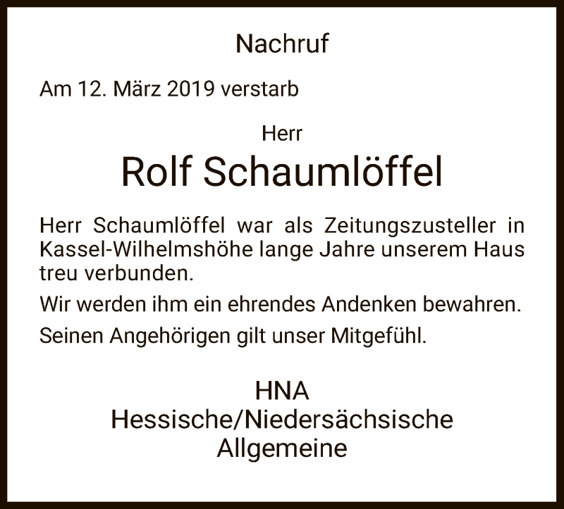  Traueranzeige für Rolf Schaumlöffel vom 23.03.2019 aus HNA
