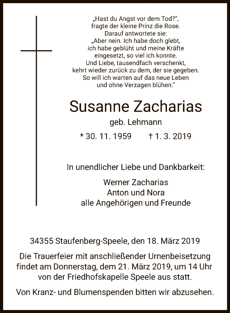  Traueranzeige für Susanne Zacharias vom 18.03.2019 aus HNA