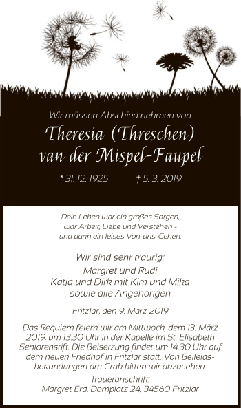 Traueranzeige von Theresia van der Mispel-Faupel von HNA