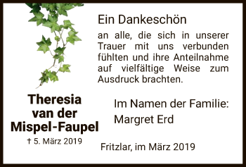 Traueranzeige von Theresia van der Mispel-Faupel von HNA