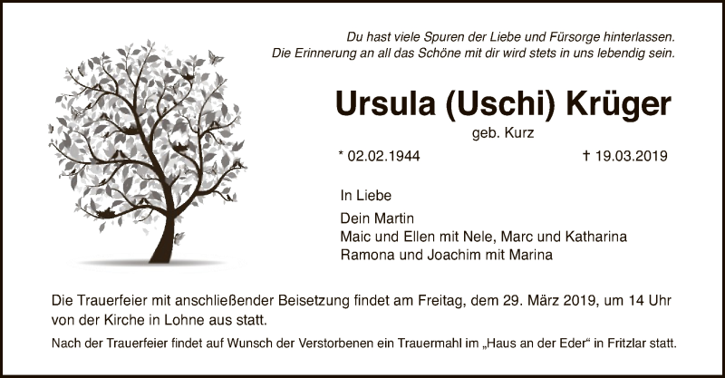  Traueranzeige für Ursula Krüger vom 27.03.2019 aus HNA