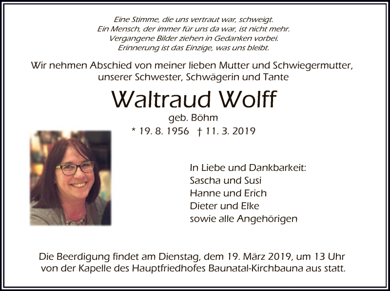  Traueranzeige für Waltraud Wolff vom 16.03.2019 aus HNA