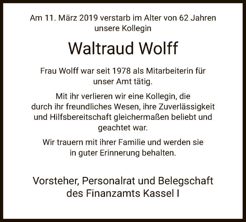  Traueranzeige für Waltraud Wolff vom 16.03.2019 aus HNA