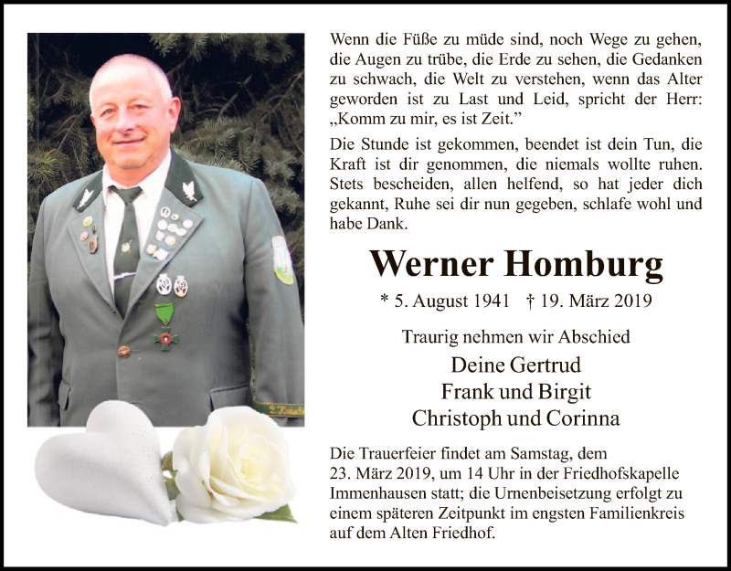  Traueranzeige für Werner Homburg vom 21.03.2019 aus HNA