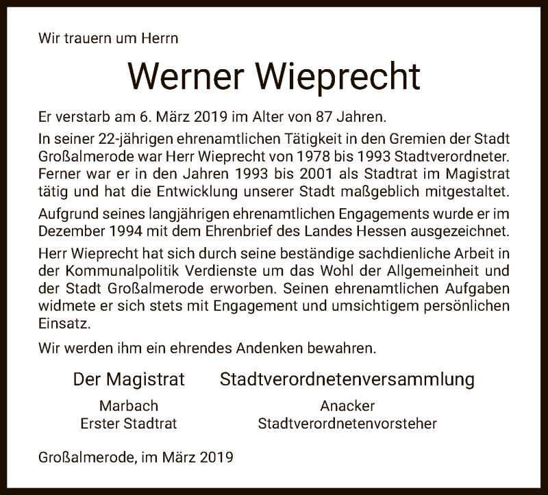  Traueranzeige für Werner Wieprecht vom 09.03.2019 aus HNA