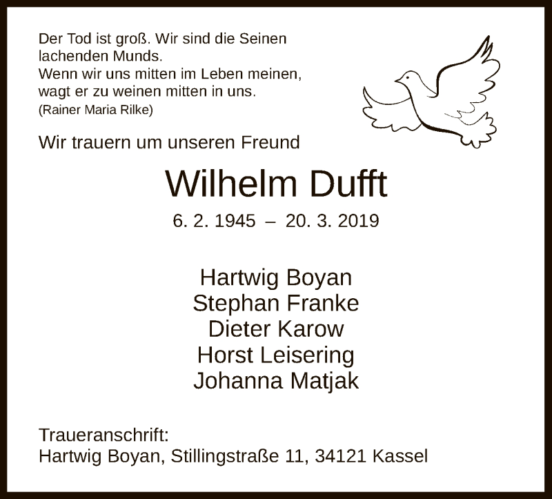  Traueranzeige für Wilhelm Dufft vom 23.03.2019 aus HNA
