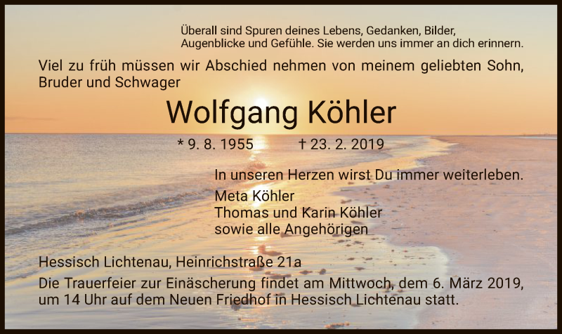  Traueranzeige für Wolfgang Köhler vom 02.03.2019 aus HNA