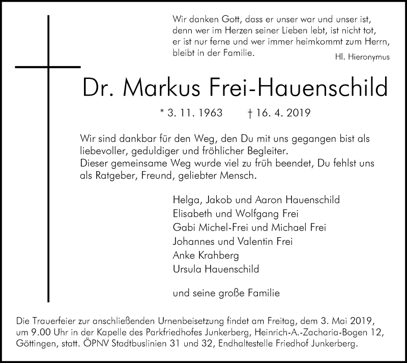  Traueranzeige für Markus Frei-Hauenschild vom 27.04.2019 aus HNA