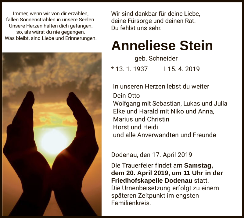  Traueranzeige für Anneliese Stein vom 17.04.2019 aus HNA