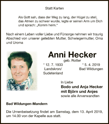 Traueranzeige von Anni Hecker von HNA