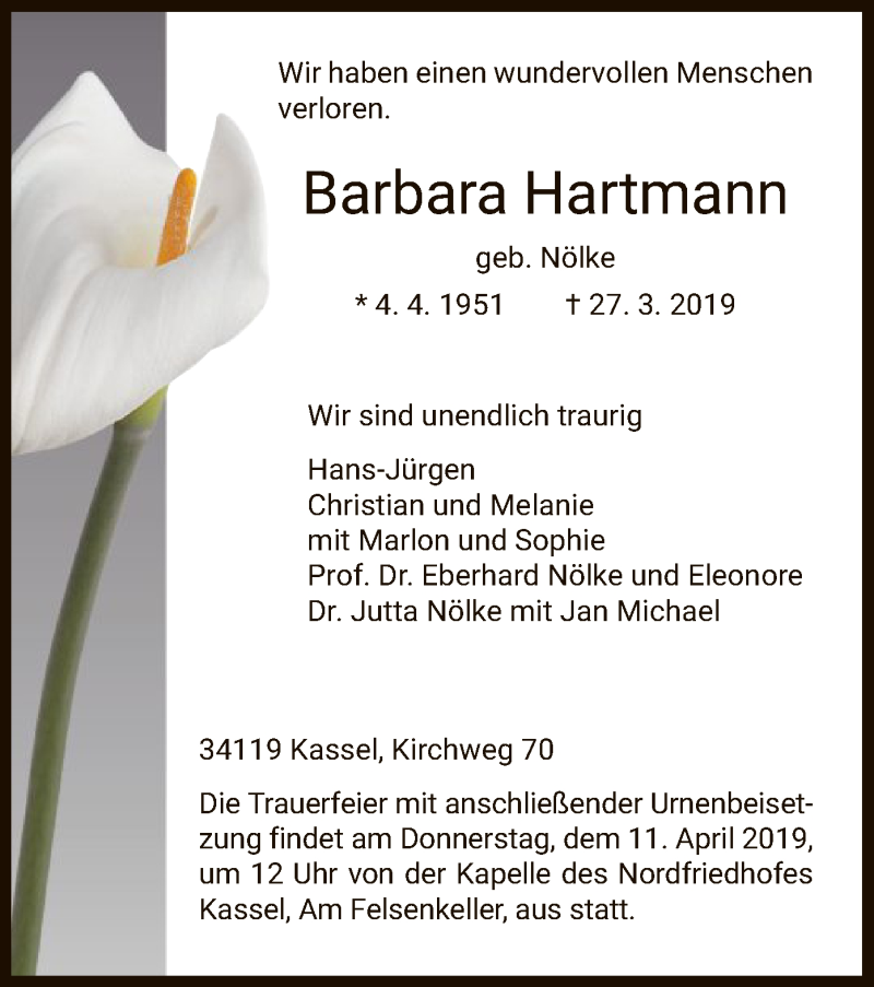  Traueranzeige für Barbara Hartmann vom 06.04.2019 aus HNA