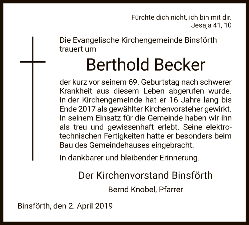  Traueranzeige für Berthold Becker vom 02.04.2019 aus HNA