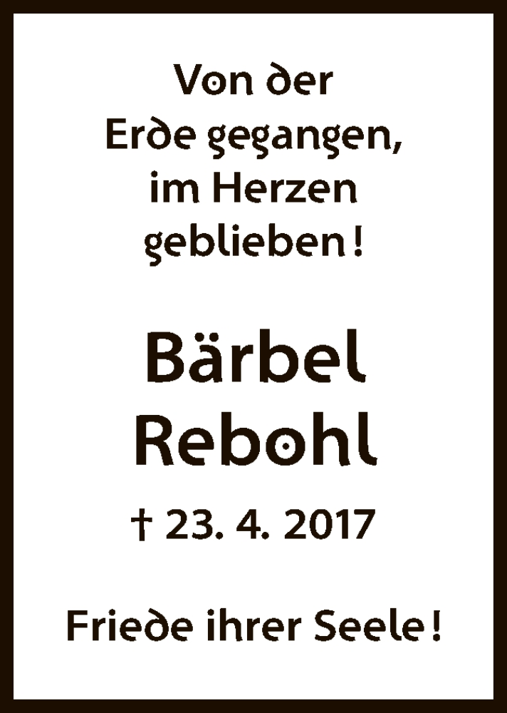  Traueranzeige für Bärbel Rebohl vom 23.04.2019 aus HNA