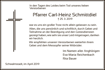 Traueranzeige von Carl-Heinz Schmittdiel von HNA