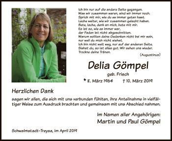 Traueranzeige von Delia Gömpel von HNA