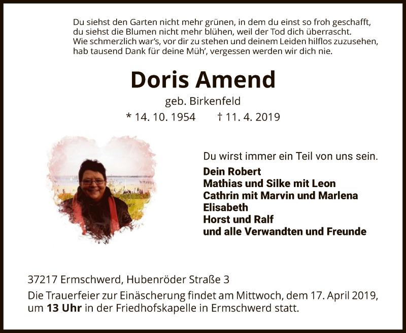  Traueranzeige für Doris Amend vom 15.04.2019 aus HNA