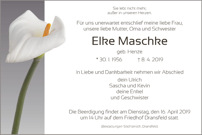  Traueranzeige für Elke Maschke vom 13.04.2019 aus HNA