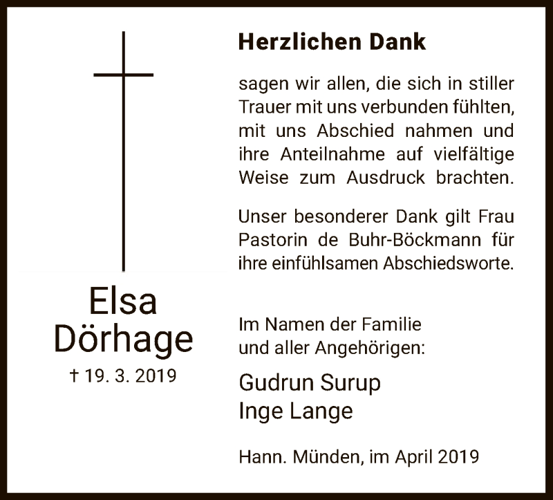  Traueranzeige für Elsa Dörhage vom 13.04.2019 aus HNA