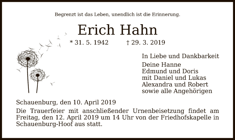  Traueranzeige für Erich Hahn vom 10.04.2019 aus HNA
