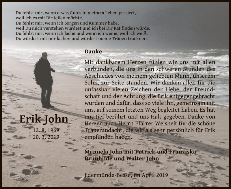  Traueranzeige für Erik John vom 27.04.2019 aus HNA