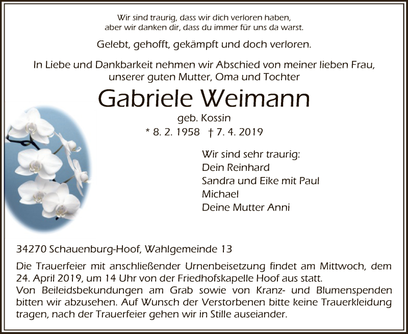  Traueranzeige für Gabriele Weimann vom 18.04.2019 aus HNA