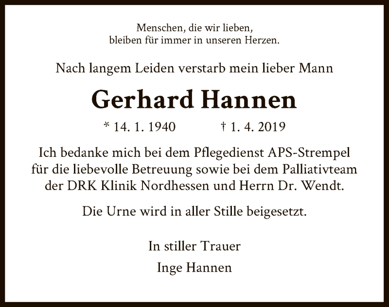  Traueranzeige für Gerhard Hannen vom 06.04.2019 aus HNA