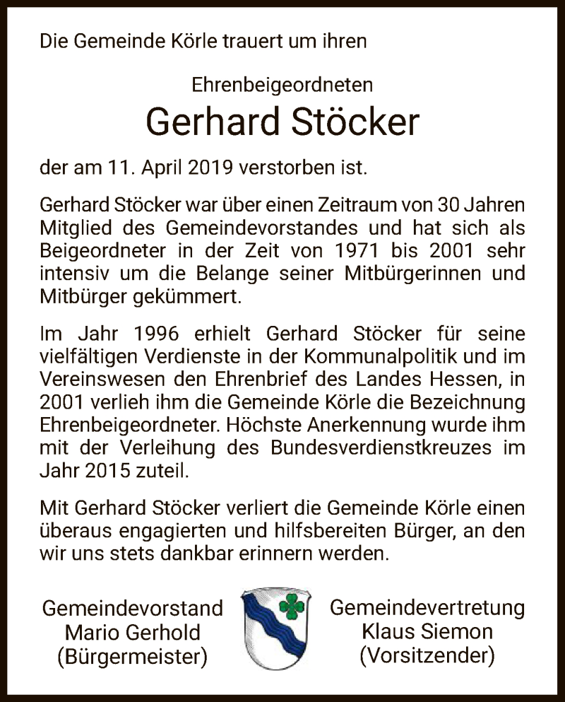  Traueranzeige für Gerhard Stöcker vom 25.04.2019 aus HNA