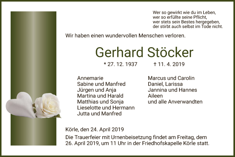  Traueranzeige für Gerhard Stöcker vom 24.04.2019 aus HNA