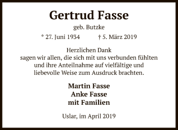 Traueranzeige von Gertrud Fasse von HNA