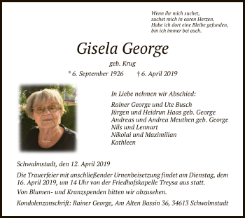 Traueranzeige von Gisela George von HNA