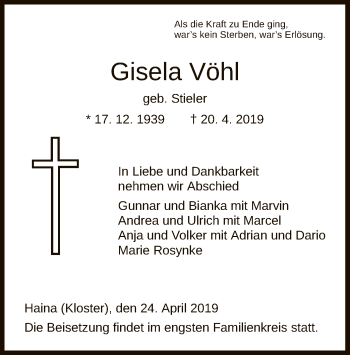 Traueranzeige von Gisela Vöhl von HNA