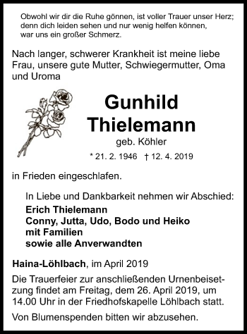 Traueranzeige von Gunhild Thielemann von HNA