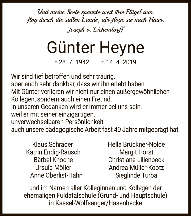  Traueranzeige für Günter Heyne vom 27.04.2019 aus HNA