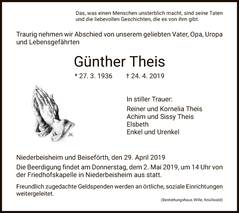  Traueranzeige für Günther Theis vom 29.04.2019 aus HNA