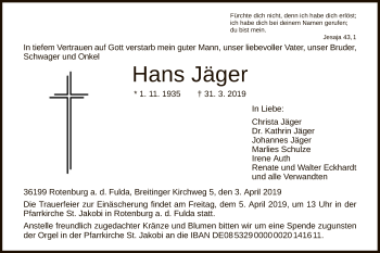 Traueranzeige von Hans Jäger von HNA