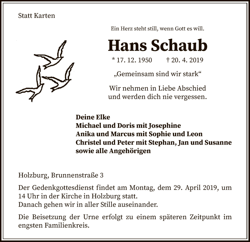  Traueranzeige für Hans Schaub vom 25.04.2019 aus HNA