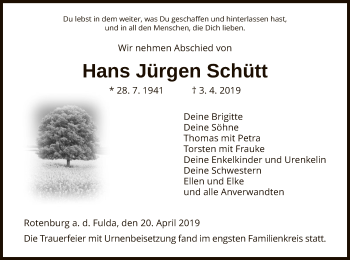 Traueranzeige von Hans Jürgen Schütt von HNA
