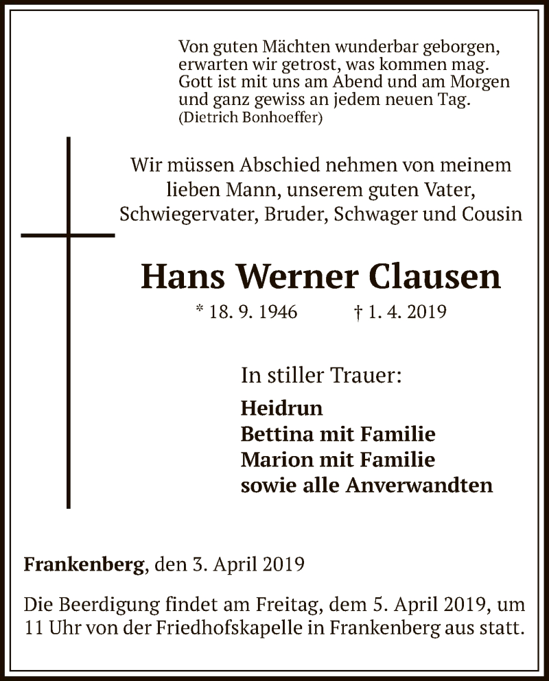  Traueranzeige für Hans Werner Clausen vom 03.04.2019 aus HNA