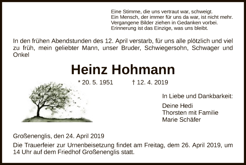  Traueranzeige für Heinz Hohmann vom 24.04.2019 aus HNA
